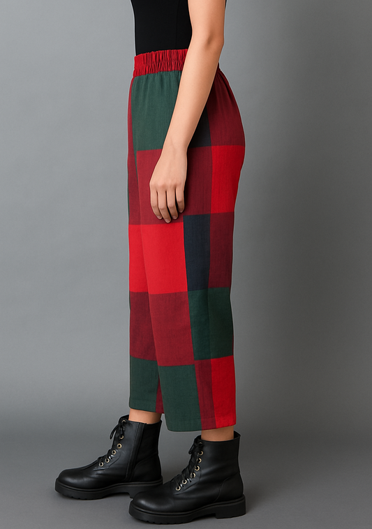 Red-Green Checks Handwoven Cotton Flared Pant