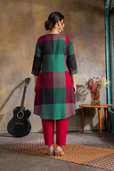 Red-Green Checks Handloom Cotton Rounded Hem Kurta Set with Red Flared Pants (set of 2)