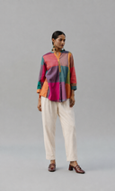 Mustard Multicolour Checks Handloom Cotton Antifit Top with Button Detailing