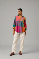 Mustard Multicolour Checks Handloom Cotton Antifit Top with Button Detailing
