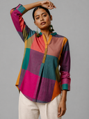 Mustard Multicolour Checks Handloom Cotton Antifit Top with Button Detailing
