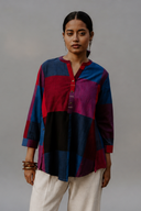 Red-Blue Checks Handloom Cotton Antifit Top with Button Detailing