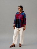 Red-Blue Checks Handloom Cotton Antifit Top with Button Detailing
