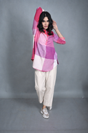 Pink-White Checks Handloom Cotton Antifit Top with Button Detailing