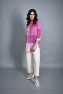Pink-White Checks Handloom Cotton Antifit Top with Button Detailing