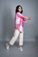 Pink-White Checks Handloom Cotton Antifit Top with Button Detailing