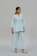 Powder Blue Cotton Woven Buti Gathers Co-ord Set (set of 2)