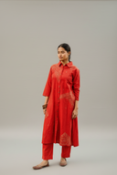 Brick Red Geometric Hand Embroidered Handloom Cotton Kurta Set (set of 2)