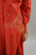 Brick Red Geometric Hand Embroidered Handloom Cotton Kurta Set (set of 2)