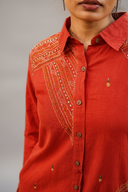 Brick Red Geometric Hand Embroidered Handloom Cotton Kurta Set (set of 2)