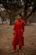 Brick Red Geometric Hand Embroidered Handloom Cotton Kurta Set (set of 2)