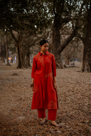 Brick Red Geometric Hand Embroidered Handloom Cotton Kurta Set (set of 2)