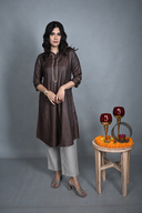 Chocolate Hand Embroidered Silk Slub A-Line Kurta Set (set of 2)