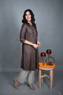 Chocolate Hand Embroidered Silk Slub A-Line Kurta Set (set of 2)