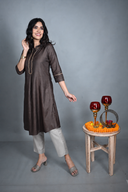 Chocolate Hand Embroidered Silk Slub A-Line Kurta Set (set of 2)