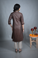 Chocolate Hand Embroidered Silk Slub A-Line Kurta Set (set of 2)