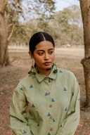 Olive Green Cotton Front Open Shirt Dress