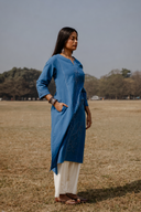 Blue Hand Embroidered Cotton Three Panel Kurta