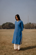 Blue Hand Embroidered Cotton Three Panel Kurta