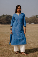 Blue Hand Embroidered Cotton Three Panel Kurta