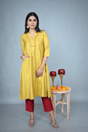 Yellow Hand Embroidered Silk Slub Kurta Set (set of 2)