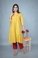 Yellow Hand Embroidered Silk Slub Kurta Set (set of 2)