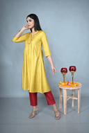 Yellow Hand Embroidered Silk Slub Kurta Set (set of 2)