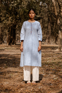 Blue Striped Hand Embroidered Cotton Three Panel Kurta