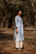 Blue Striped Hand Embroidered Cotton Three Panel Kurta