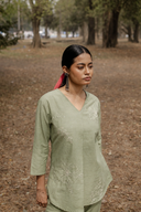 Sage Green Hand Embroidered Cotton Pleated Co-ord Set (set of 2)