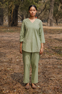 Sage Green Hand Embroidered Cotton Pleated Co-ord Set (set of 2)