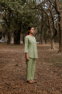 Sage Green Hand Embroidered Cotton Pleated Co-ord Set (set of 2)