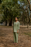 Sage Green Hand Embroidered Cotton Pleated Co-ord Set (set of 2)