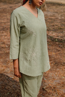 Sage Green Hand Embroidered Cotton Pleated Co-ord Set (set of 2)