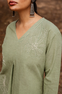 Sage Green Hand Embroidered Cotton Pleated Co-ord Set (set of 2)