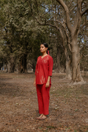 Rust Red Hand Embroidered Cotton Pleated Co-ord Set (set of 2)
