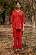 Rust Red Hand Embroidered Cotton Pleated Co-ord Set (set of 2)
