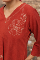 Rust Red Hand Embroidered Cotton Pleated Co-ord Set (set of 2)