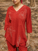 Rust Red Hand Embroidered Cotton Pleated Co-ord Set (set of 2)