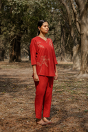 Rust Red Hand Embroidered Cotton Pleated Co-ord Set (set of 2)