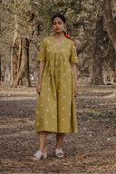 Mustard Cotton Woven Buti A-line Dress