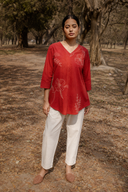 Rust Red Hand Embroidered Cotton Pleated Top
