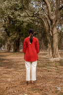 Rust Red Hand Embroidered Cotton Pleated Top