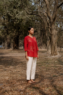 Rust Red Hand Embroidered Cotton Pleated Top