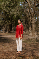 Rust Red Hand Embroidered Cotton Pleated Top