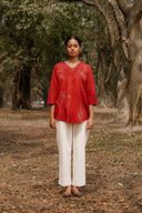 Rust Red Hand Embroidered Cotton Pleated Top