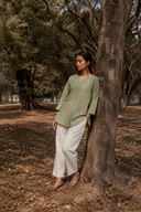 Sage Green Hand Embroidered Cotton Pleated Top