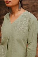 Sage Green Hand Embroidered Cotton Pleated Top