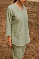Sage Green Hand Embroidered Cotton Pleated Top