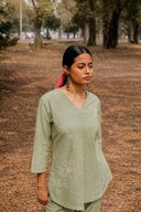 Sage Green Hand Embroidered Cotton Pleated Top